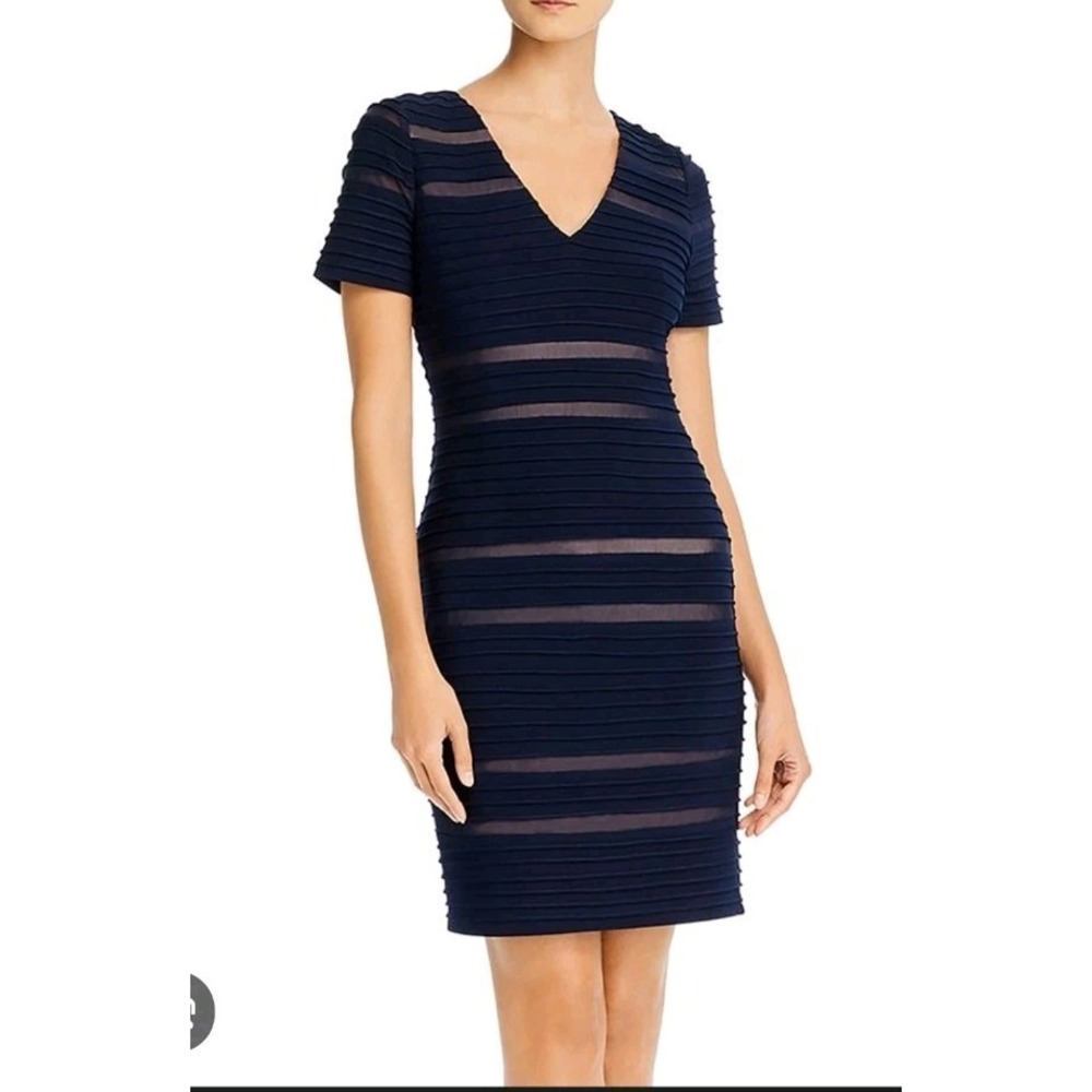 Adrianna‎ Papell Pintucked Spliced Sheath Dress in navy blue Size 8